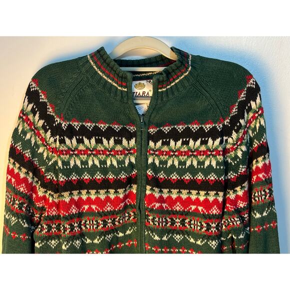 Tiara Int Cardigan Ugly Christmas Sweater XL Green Fair Isle Granny Core - Picture 2 of 5